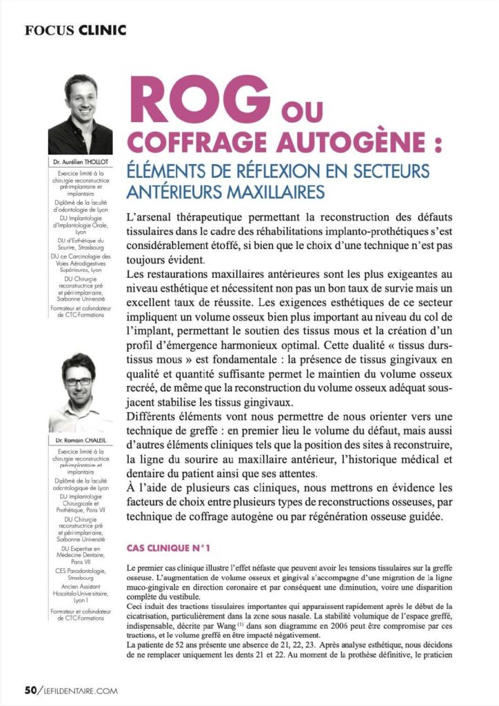 ROG ou coffrage autogène : éléments de réflexion en secteurs antérieurs maxillaires (Le Fil Dentaire 2022)